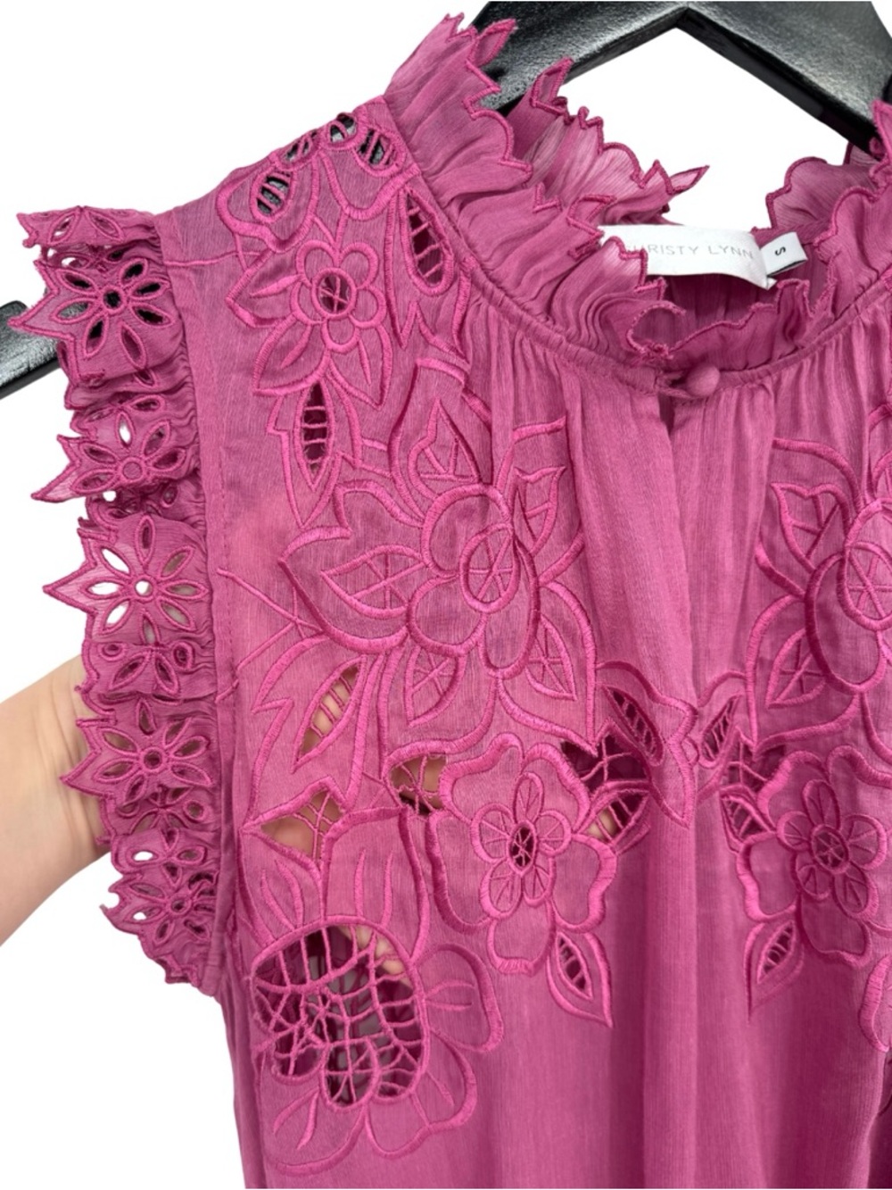 Christy Lynn Gemma Dress Fuchsia Pink Small Linen Silk Embroidered Floral Eyelet - Picture 8 of 16